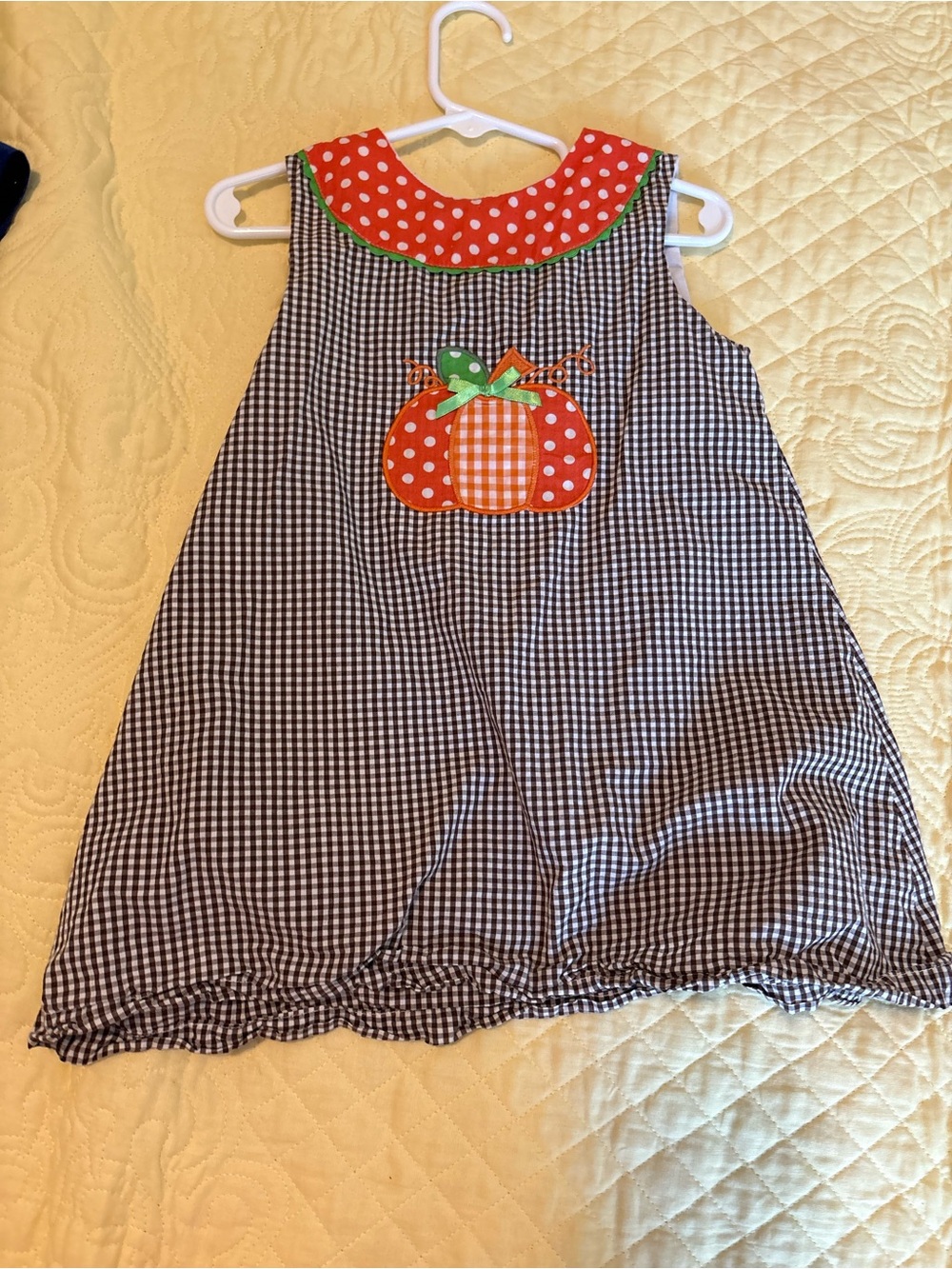 Girls Black & White Gingham Pumpkin Applique Dress with Red Polka Dot Collar